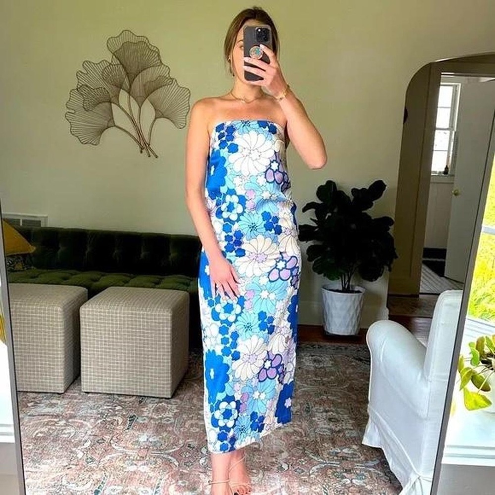 Zara Strapless Floral Dress - Blue and White